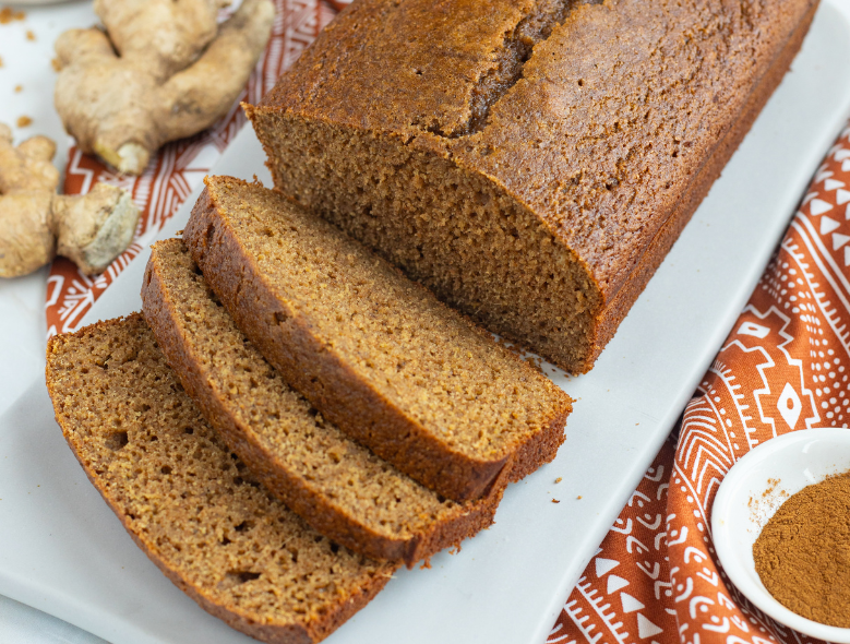 Sliced loaf of whole wheat fresh gingerbread