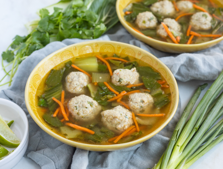 Bowl of Turkey Meatball “Wonton” Soup with Bok Choy & Carrots